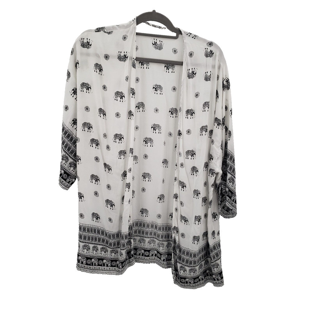 Womens Medium Elephant Print Cardigan Womens White Black Wide Sleeve Rayon Open